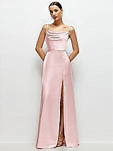 Front View Thumbnail - Ballet Pink Cowl Neck Satin Maxi Dress with Adjustable Spaghetti Straps