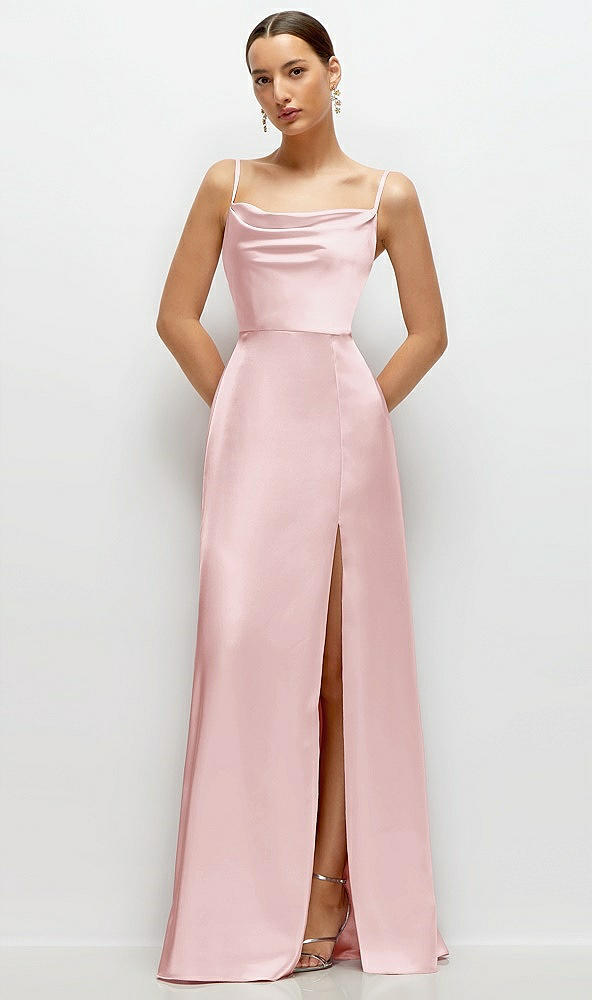 Front View - Ballet Pink Cowl Neck Satin Maxi Dress with Adjustable Spaghetti Straps