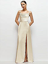 Front View Thumbnail - Champagne Cowl Neck Satin Maxi Dress with Adjustable Spaghetti Straps