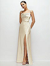 Side View Thumbnail - Champagne Cowl Neck Satin Maxi Dress with Adjustable Spaghetti Straps