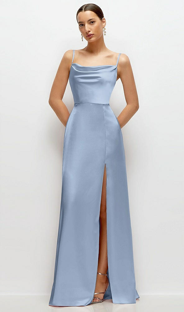 Front View - Cloudy Cowl Neck Satin Maxi Dress with Adjustable Spaghetti Straps