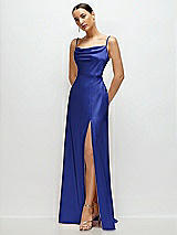 Side View Thumbnail - Cobalt Blue Cowl Neck Satin Maxi Dress with Adjustable Spaghetti Straps