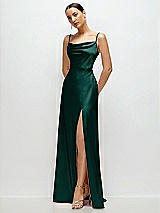 Side View Thumbnail - Evergreen Cowl Neck Satin Maxi Dress with Adjustable Spaghetti Straps