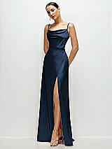 Side View Thumbnail - Midnight Navy Cowl Neck Satin Maxi Dress with Adjustable Spaghetti Straps