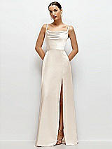 Front View Thumbnail - Oat Cowl Neck Satin Maxi Dress with Adjustable Spaghetti Straps