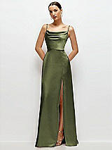 Front View Thumbnail - Olive Green Cowl Neck Satin Maxi Dress with Adjustable Spaghetti Straps