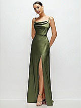 Side View Thumbnail - Olive Green Cowl Neck Satin Maxi Dress with Adjustable Spaghetti Straps