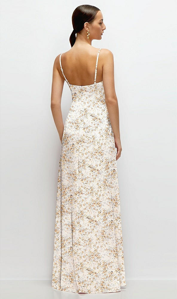 Back View - Golden Hour Floral Cowl Neck Satin Maxi Dress with Adjustable Spaghetti Straps