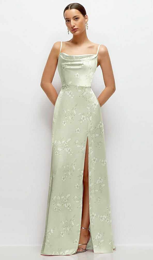 Front View - Vintage Primrose Celadon Floral Cowl Neck Satin Maxi Dress with Adjustable Spaghetti Straps