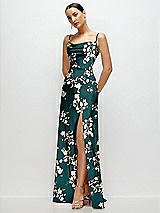 Side View Thumbnail - Vintage Primrose Evergreen Floral Cowl Neck Satin Maxi Dress with Adjustable Spaghetti Straps