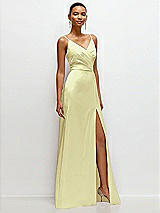 Side View Thumbnail - Butter Yellow Pleated Faux Wrap Satin Maxi Dress with Adjustable Spaghetti Straps