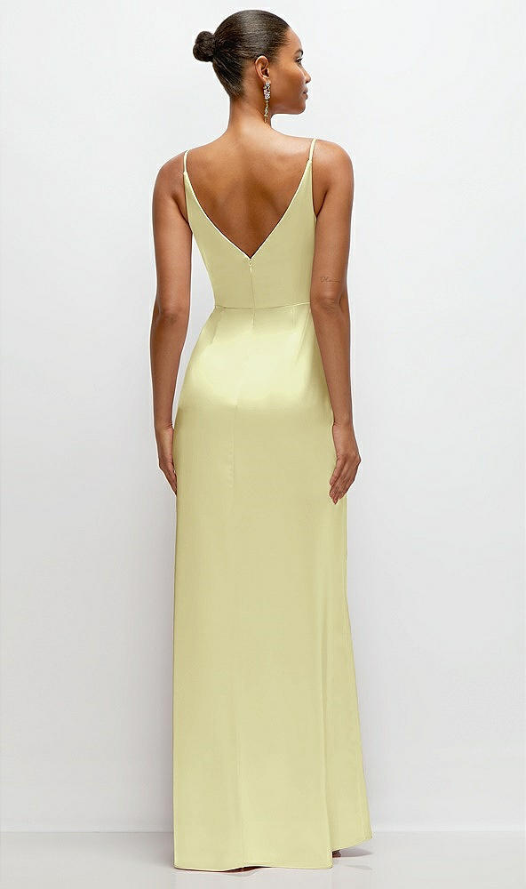 Back View - Butter Yellow Pleated Faux Wrap Satin Maxi Dress with Adjustable Spaghetti Straps