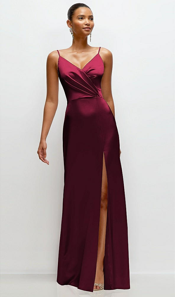 Front View - Cabernet Pleated Faux Wrap Satin Maxi Dress with Adjustable Spaghetti Straps