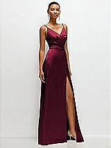 Side View Thumbnail - Cabernet Pleated Faux Wrap Satin Maxi Dress with Adjustable Spaghetti Straps