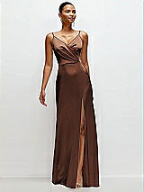 Front View Thumbnail - Cognac Pleated Faux Wrap Satin Maxi Dress with Adjustable Spaghetti Straps