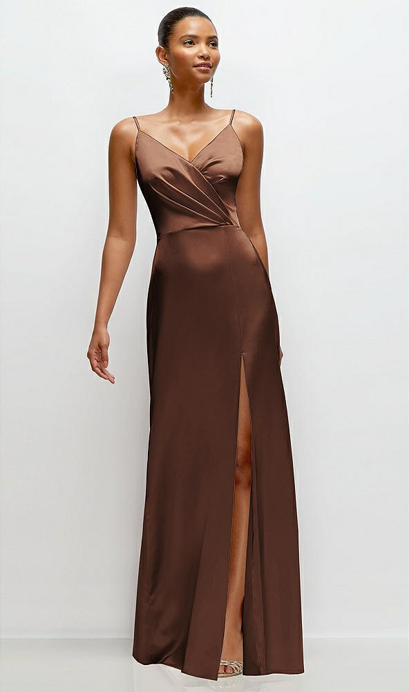 Front View - Cognac Pleated Faux Wrap Satin Maxi Dress with Adjustable Spaghetti Straps