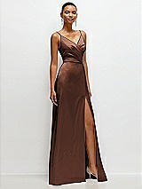 Side View Thumbnail - Cognac Pleated Faux Wrap Satin Maxi Dress with Adjustable Spaghetti Straps