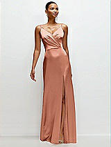 Front View Thumbnail - Copper Penny Pleated Faux Wrap Satin Maxi Dress with Adjustable Spaghetti Straps