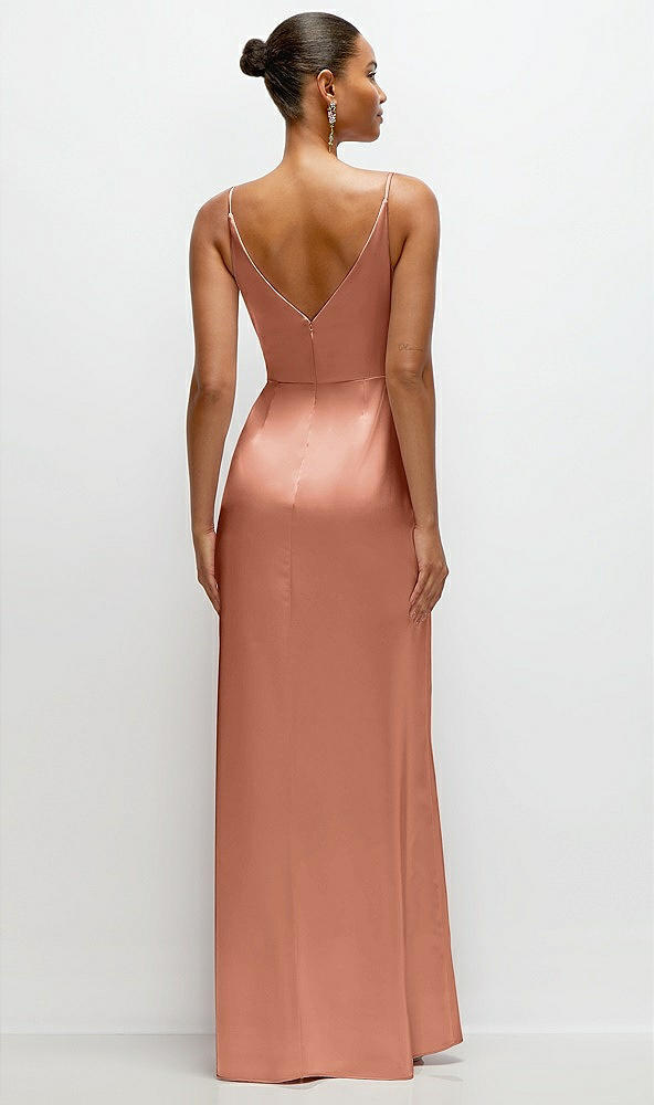 Back View - Copper Penny Pleated Faux Wrap Satin Maxi Dress with Adjustable Spaghetti Straps