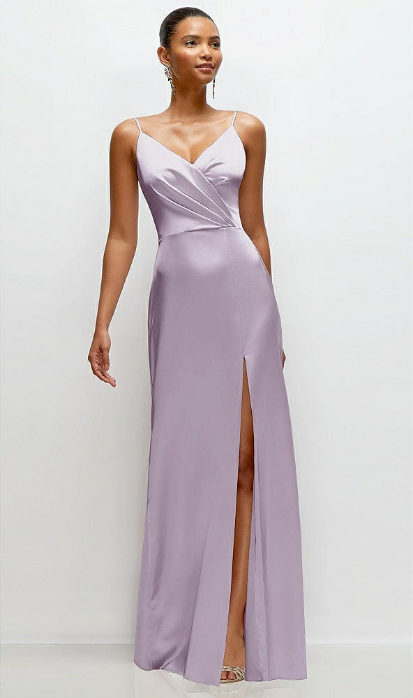 Front View - Lilac Haze Pleated Faux Wrap Satin Maxi Dress with Adjustable Spaghetti Straps