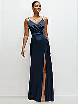 Front View Thumbnail - Midnight Navy Pleated Faux Wrap Satin Maxi Dress with Adjustable Spaghetti Straps