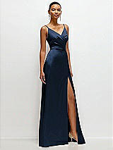 Side View Thumbnail - Midnight Navy Pleated Faux Wrap Satin Maxi Dress with Adjustable Spaghetti Straps