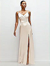 Front View Thumbnail - Oat Pleated Faux Wrap Satin Maxi Dress with Adjustable Spaghetti Straps