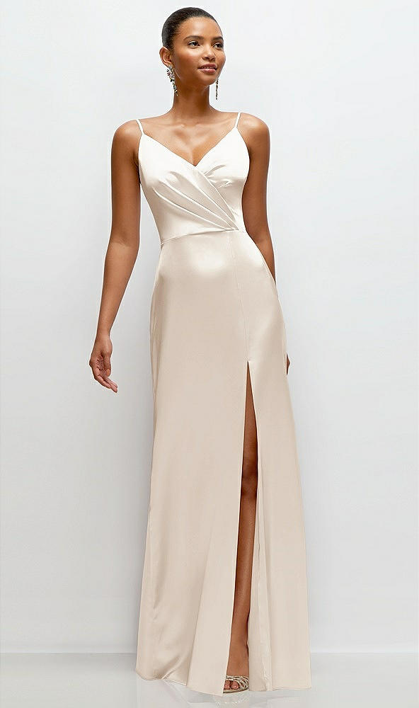 Front View - Oat Pleated Faux Wrap Satin Maxi Dress with Adjustable Spaghetti Straps