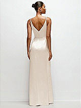 Rear View Thumbnail - Oat Pleated Faux Wrap Satin Maxi Dress with Adjustable Spaghetti Straps