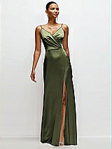 Front View Thumbnail - Olive Green Pleated Faux Wrap Satin Maxi Dress with Adjustable Spaghetti Straps