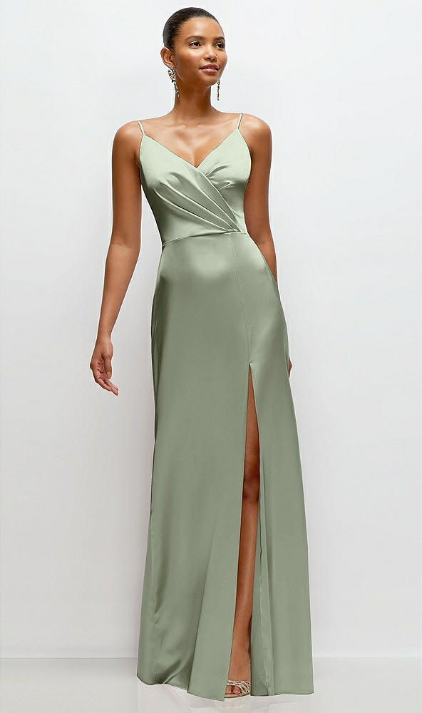 Front View - Sage Pleated Faux Wrap Satin Maxi Dress with Adjustable Spaghetti Straps