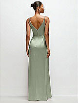 Rear View Thumbnail - Sage Pleated Faux Wrap Satin Maxi Dress with Adjustable Spaghetti Straps