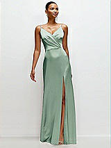 Front View Thumbnail - Seagrass Pleated Faux Wrap Satin Maxi Dress with Adjustable Spaghetti Straps