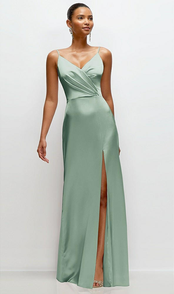 Front View - Seagrass Pleated Faux Wrap Satin Maxi Dress with Adjustable Spaghetti Straps