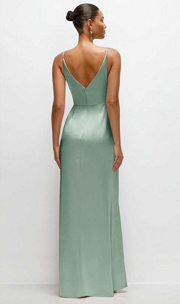 Back View - Seagrass Pleated Faux Wrap Satin Maxi Dress with Adjustable Spaghetti Straps