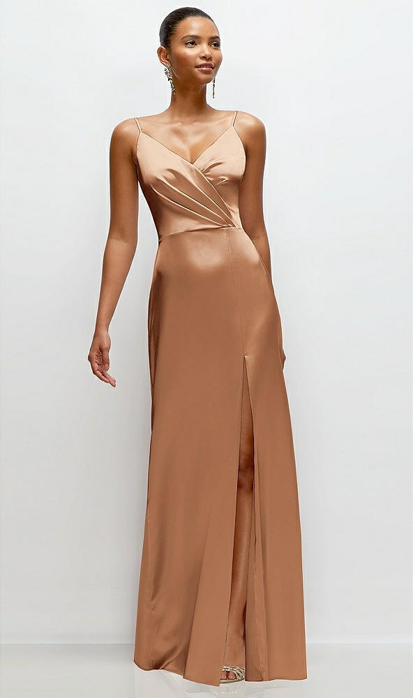 Front View - Toffee Pleated Faux Wrap Satin Maxi Dress with Adjustable Spaghetti Straps