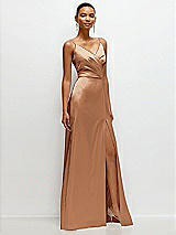 Side View Thumbnail - Toffee Pleated Faux Wrap Satin Maxi Dress with Adjustable Spaghetti Straps