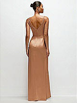 Rear View Thumbnail - Toffee Pleated Faux Wrap Satin Maxi Dress with Adjustable Spaghetti Straps