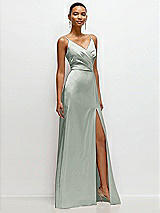 Side View Thumbnail - Willow Green Pleated Faux Wrap Satin Maxi Dress with Adjustable Spaghetti Straps