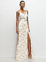 Side View Thumbnail - Golden Hour Floral Pleated Faux Wrap Satin Maxi Dress with Adjustable Spaghetti Straps