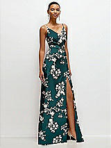 Side View Thumbnail - Vintage Primrose Evergreen Floral Pleated Faux Wrap Satin Maxi Dress with Adjustable Spaghetti Straps