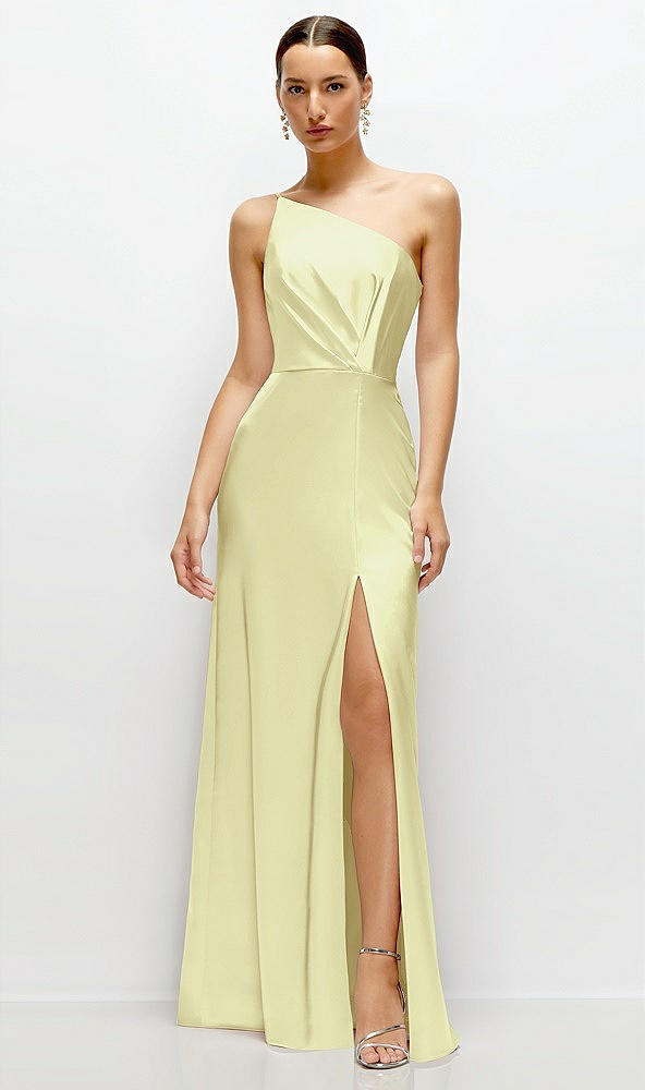 Front View - Butter Yellow Pleated One-Shoulder Satin Maxi Dress with A-Line Skirt