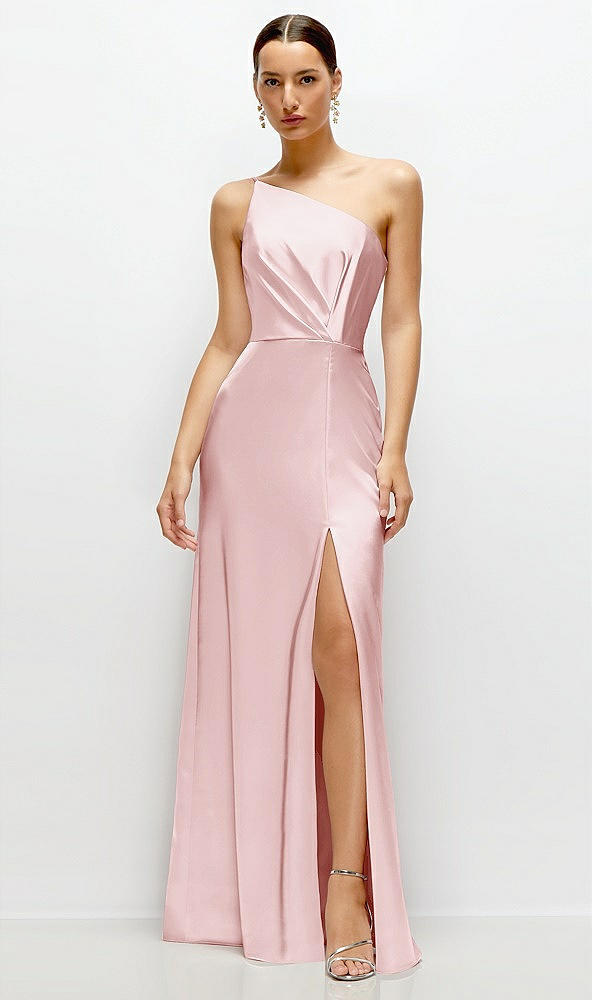 Front View - Ballet Pink Pleated One-Shoulder Satin Maxi Dress with A-Line Skirt