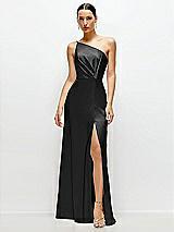 Front View Thumbnail - Black Pleated One-Shoulder Satin Maxi Dress with A-Line Skirt