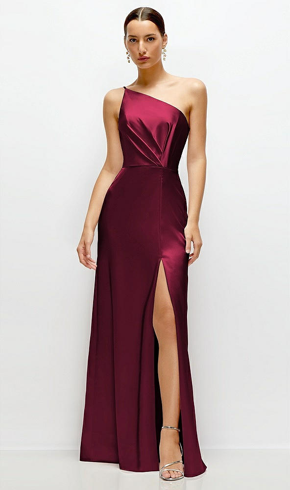 Front View - Cabernet Pleated One-Shoulder Satin Maxi Dress with A-Line Skirt