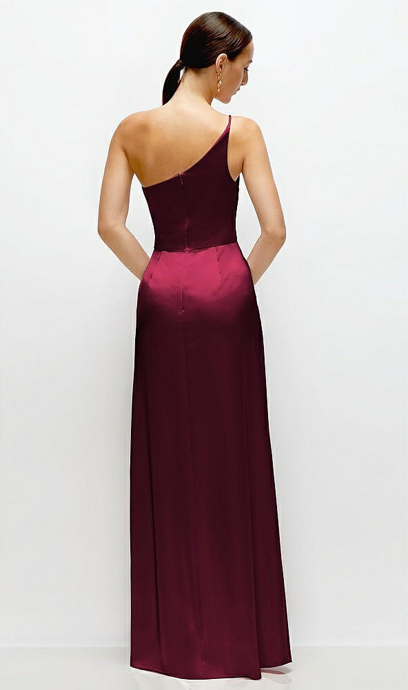 Back View - Cabernet Pleated One-Shoulder Satin Maxi Dress with A-Line Skirt