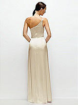 Rear View Thumbnail - Champagne Pleated One-Shoulder Satin Maxi Dress with A-Line Skirt