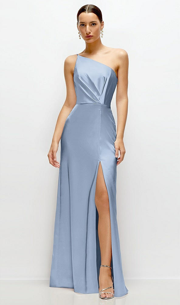 Front View - Cloudy Pleated One-Shoulder Satin Maxi Dress with A-Line Skirt