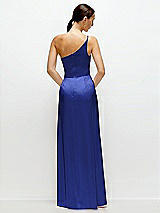 Rear View Thumbnail - Cobalt Blue Pleated One-Shoulder Satin Maxi Dress with A-Line Skirt