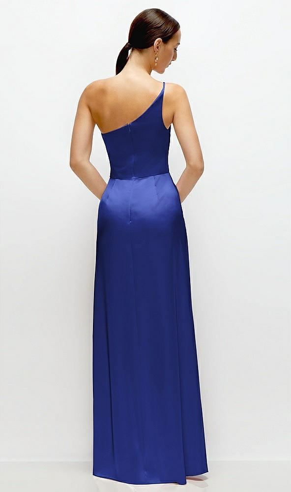 Back View - Cobalt Blue Pleated One-Shoulder Satin Maxi Dress with A-Line Skirt